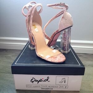 Qupid | Pink crush velvet ~ open toed chunky glitter heel with straps
